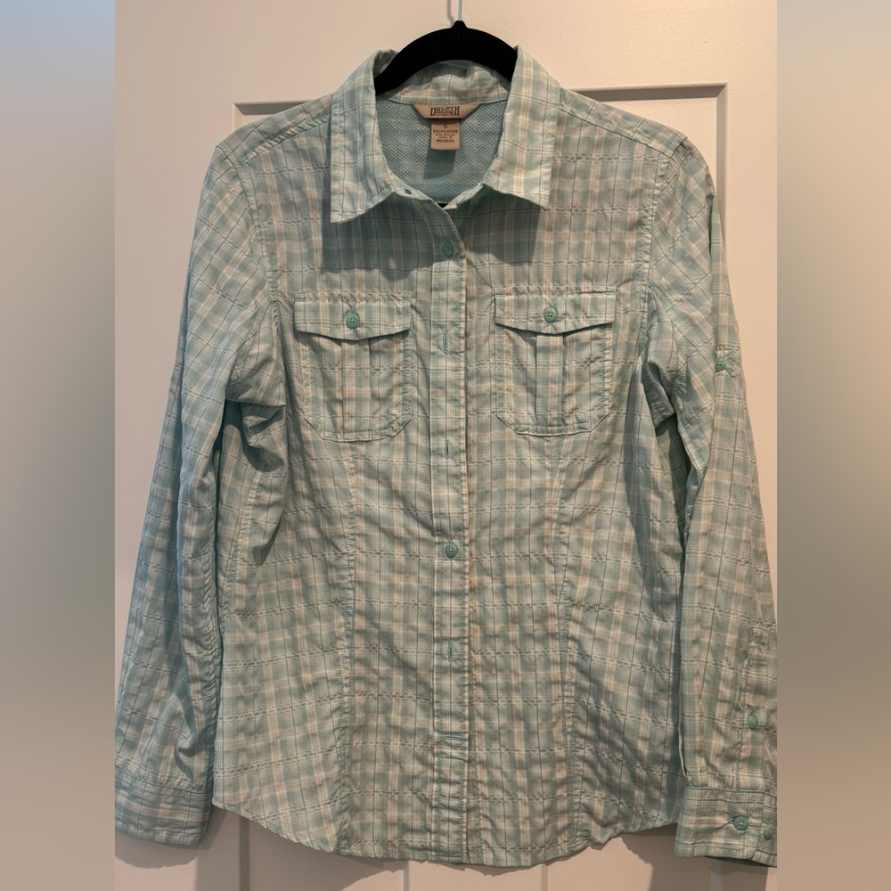 Duluth Trading Co Women's Plaid Button Down Shirt - Light Blue